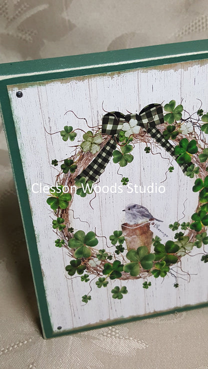 St Patrick's Day Wreath Small Wood Block Sign