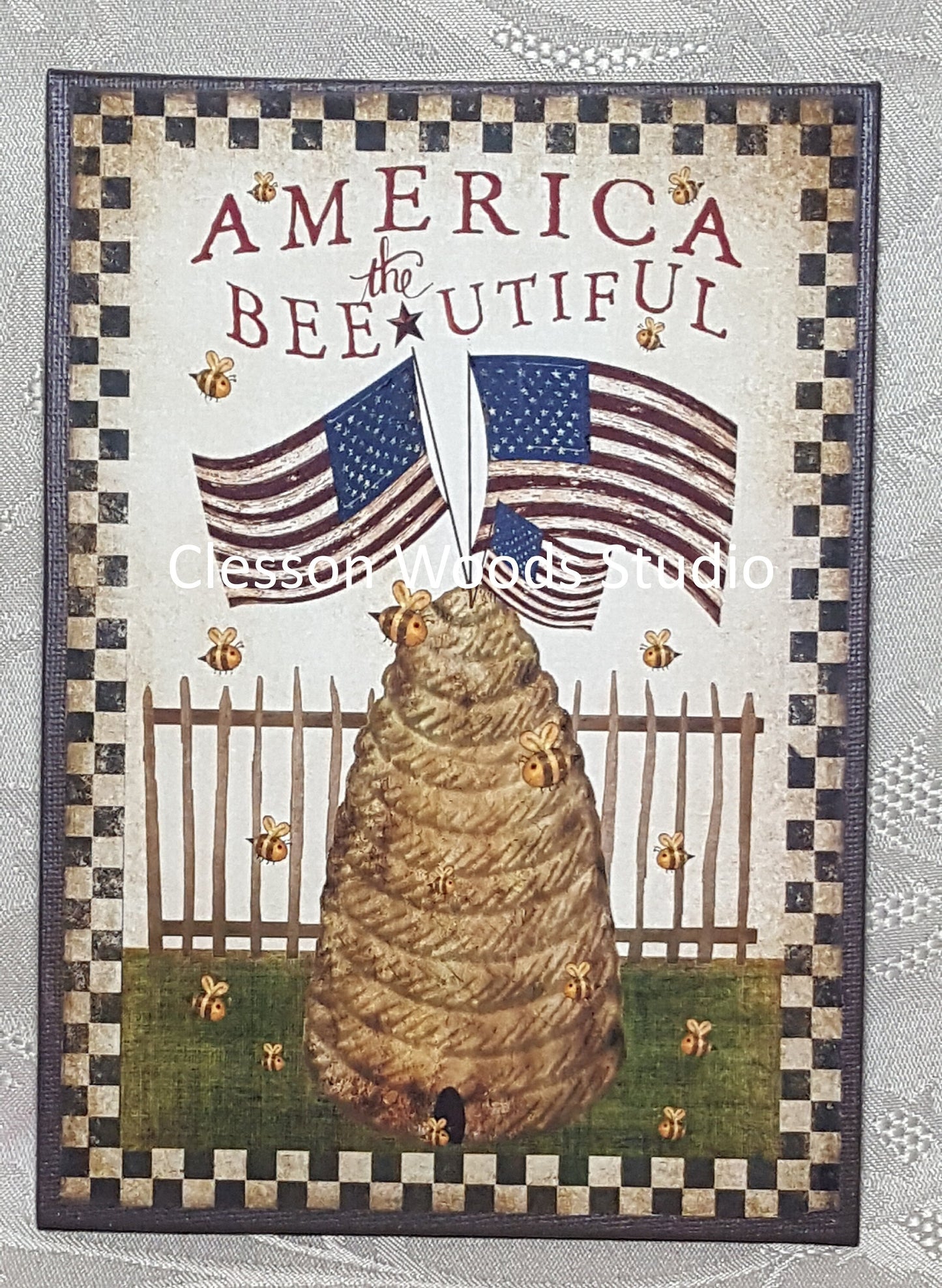 America The Beeutiful Hive and Flag 5"x7" Canvas Insert