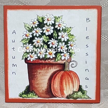 Autumn Blessings Flower Pot & Pumpkin 5"x5" Canvas Insert