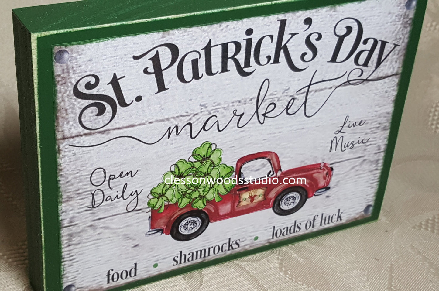 St. Patrick's Day Red Truck of Shamrocks Wood Sign