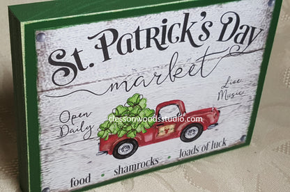St. Patrick's Day Red Truck of Shamrocks Wood Sign