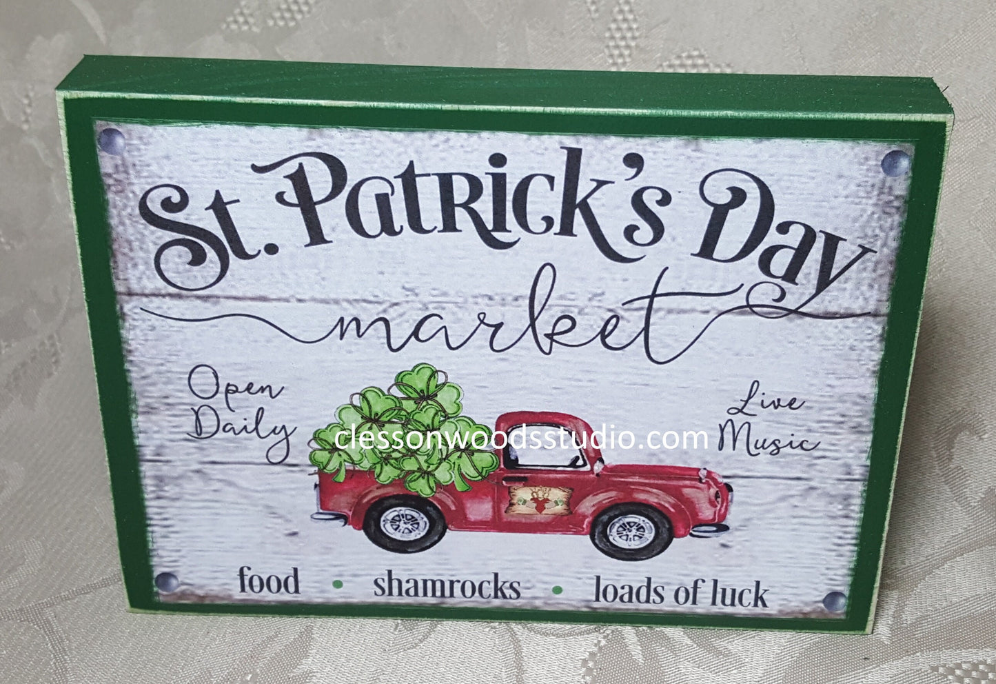 St. Patrick's Day Red Truck of Shamrocks Wood Sign