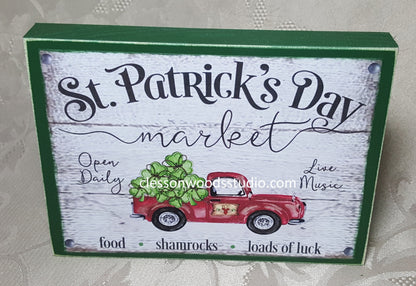 St. Patrick's Day Red Truck of Shamrocks Wood Sign
