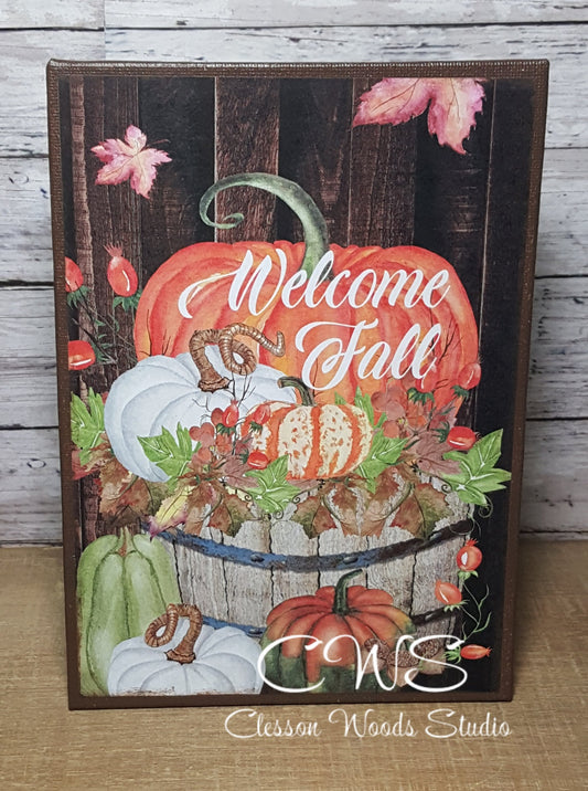 Bushel Basket of Pumpkins Welcome Fall 5x7 Canvas Insert