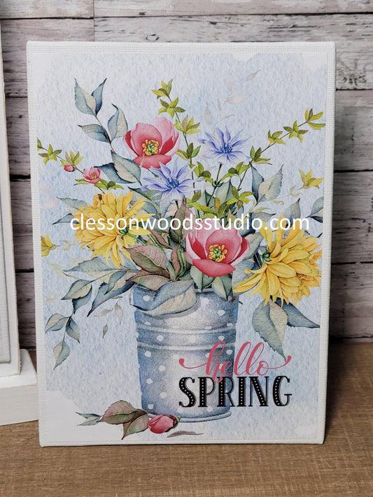 Spring Metal Bucket of Flowers 5"x7" Canvas Insert