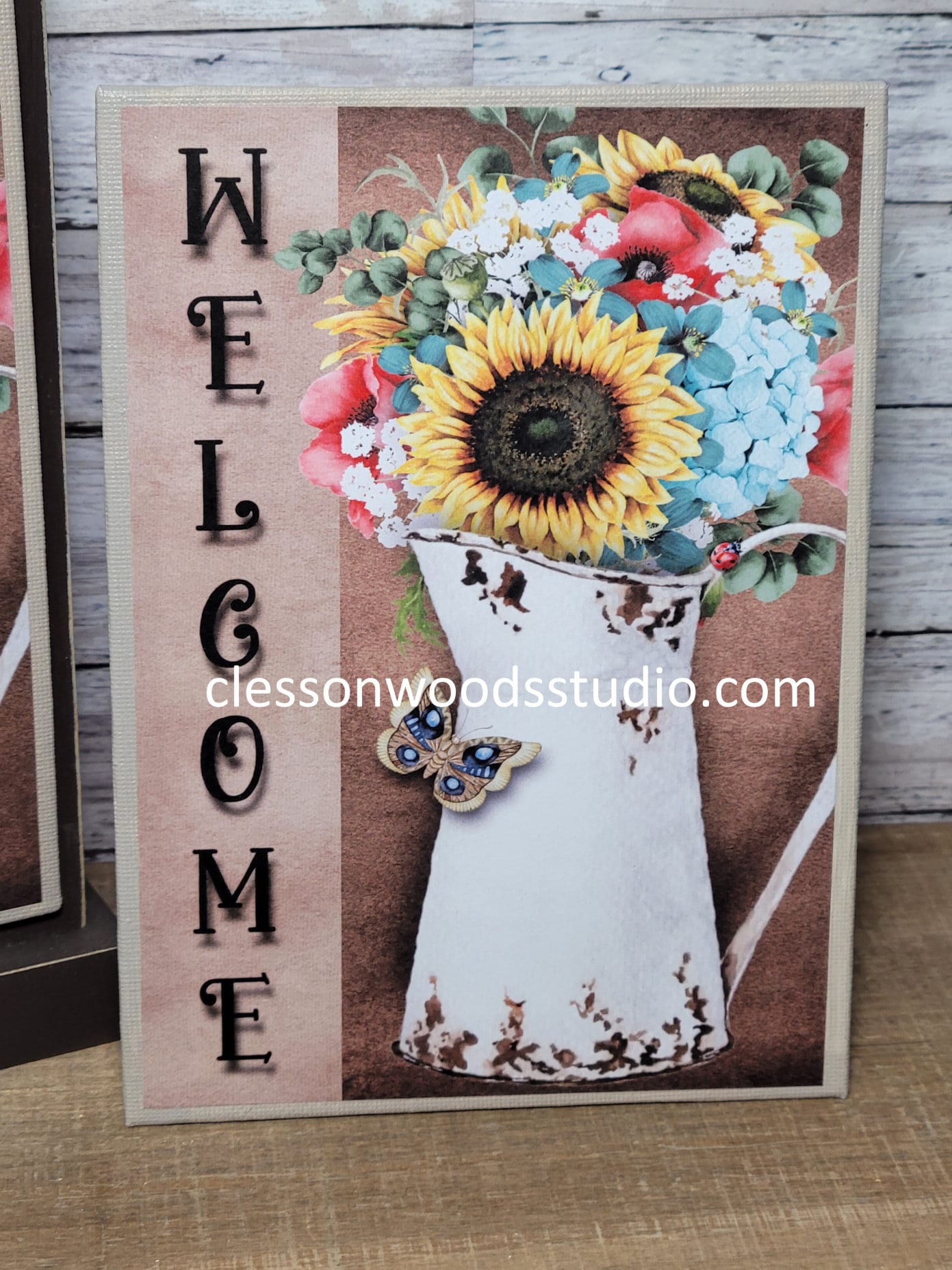 Welcome Rusty Pitcher of Flowers 5"x7" Canvas Insert