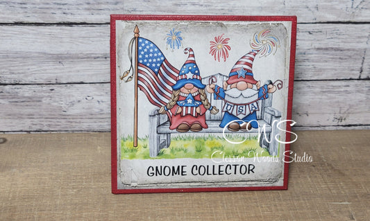 Gnome Collector July Gnome Friends On Bench (Red) 5"x5" Interchangeable Canvas