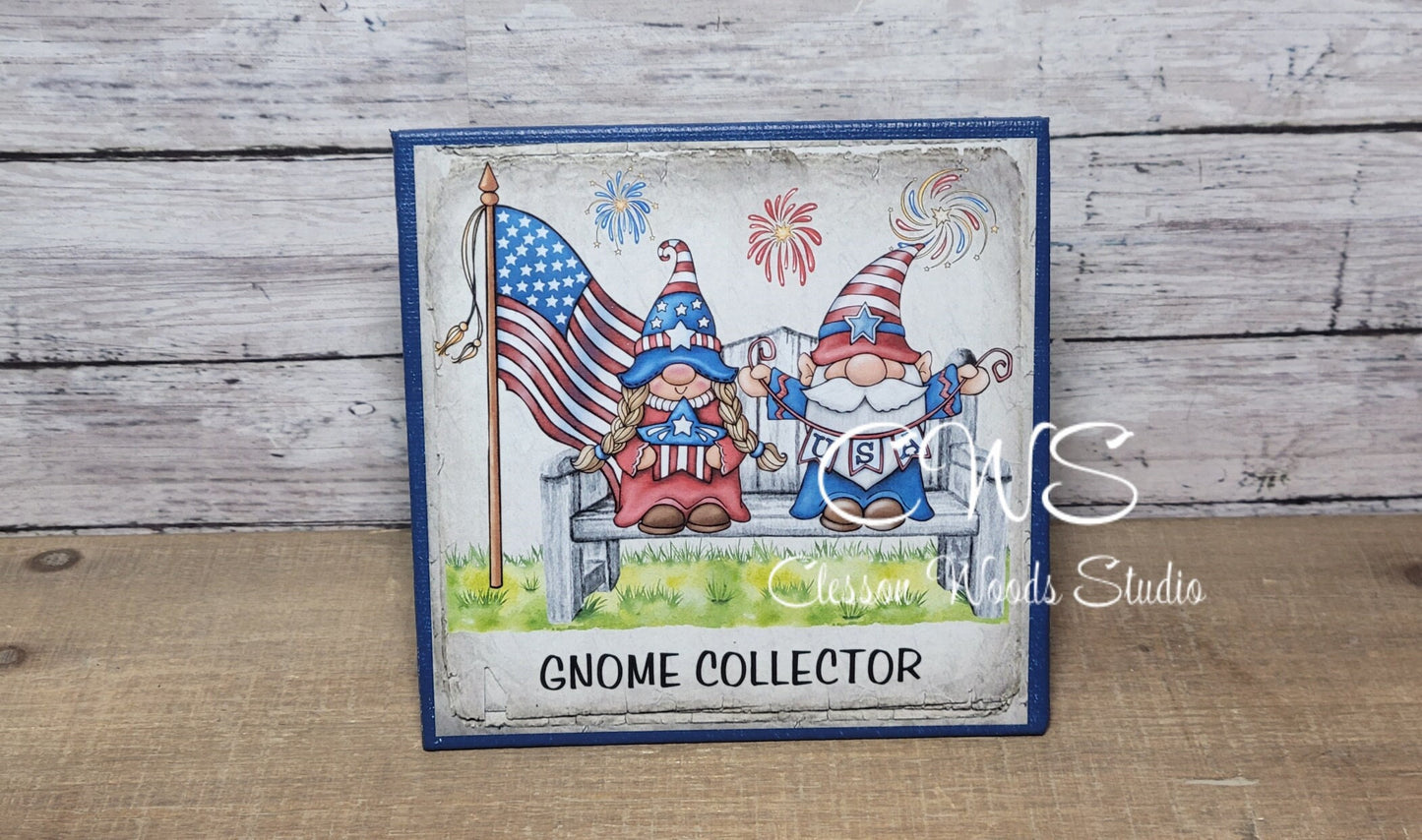 Gnome Collector July Gnome Friends On Bench (Blue) 5"x5" Interchangeable Canvas