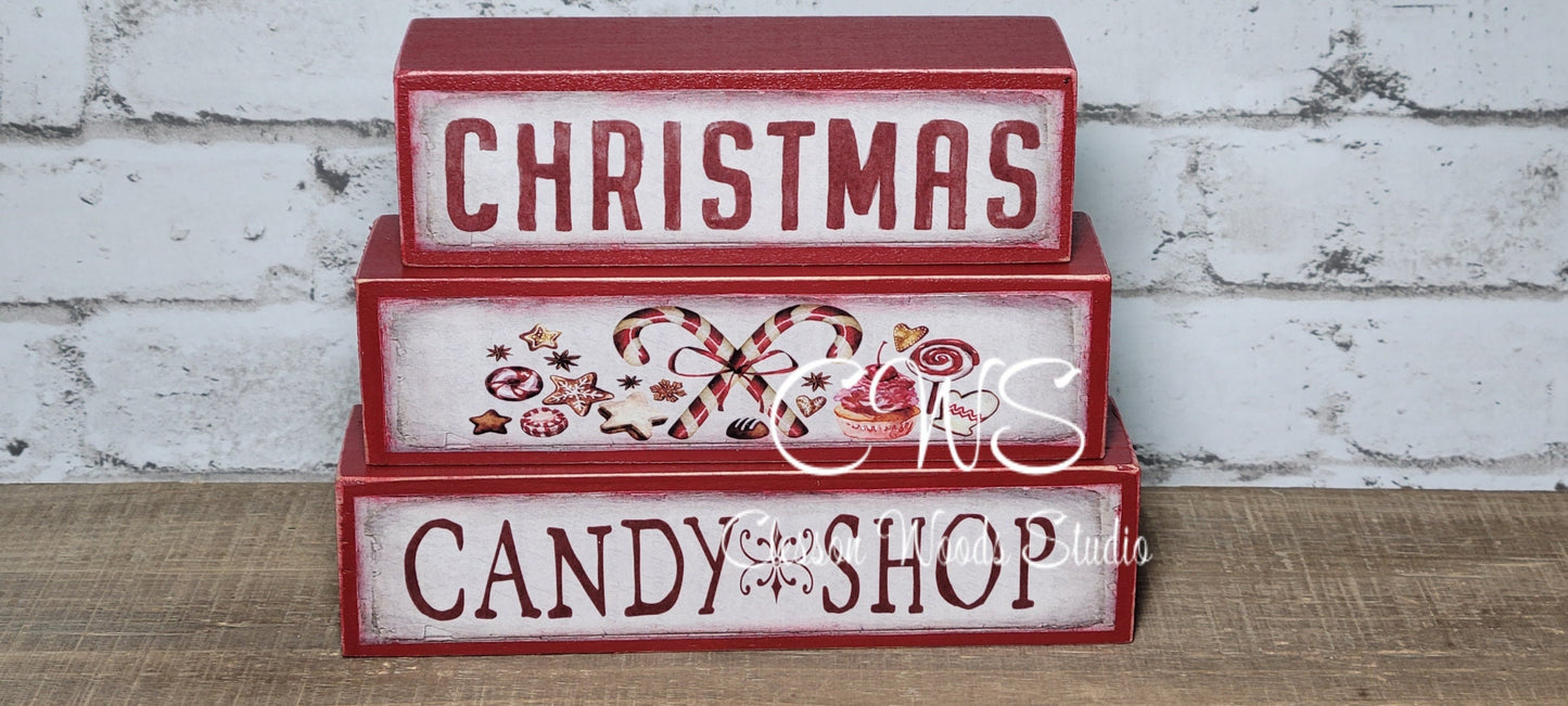 Christmas Candy Shop Red Wood Block Stack