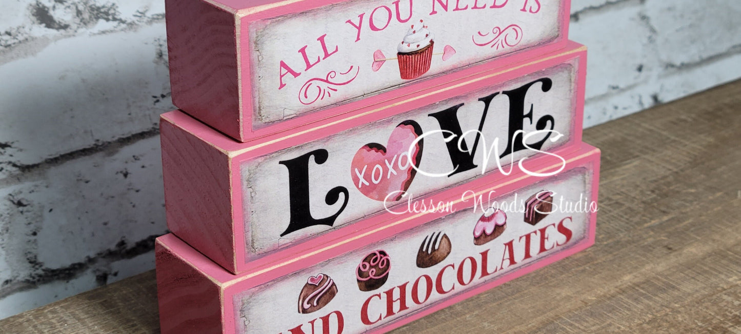 All You Need Is Love and Chocolates Pink Wood Block Stack