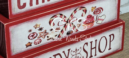 Christmas Candy Shop Red Wood Block Stack