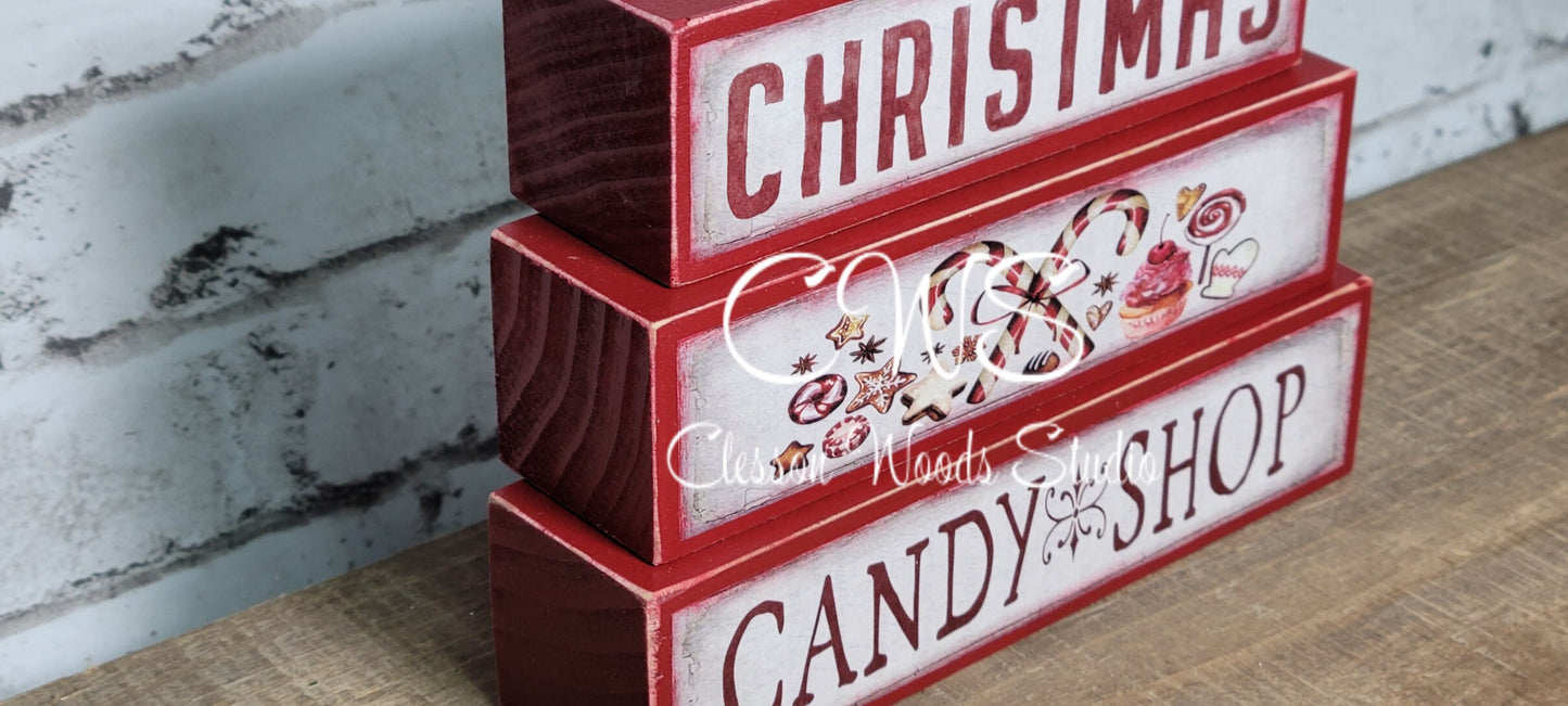 Christmas Candy Shop Red Wood Block Stack
