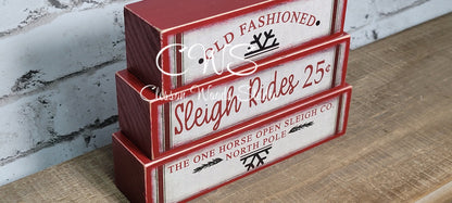 Old Fashioned Sleigh Rides 25 Cents Red Wood Block Stack