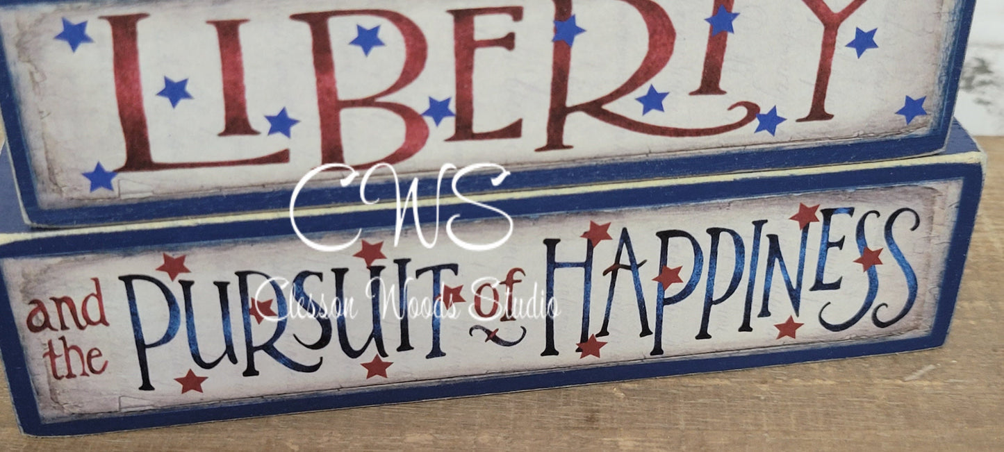 Life Liberty and the Pursuit of Happiness Blue Wood Block Stack