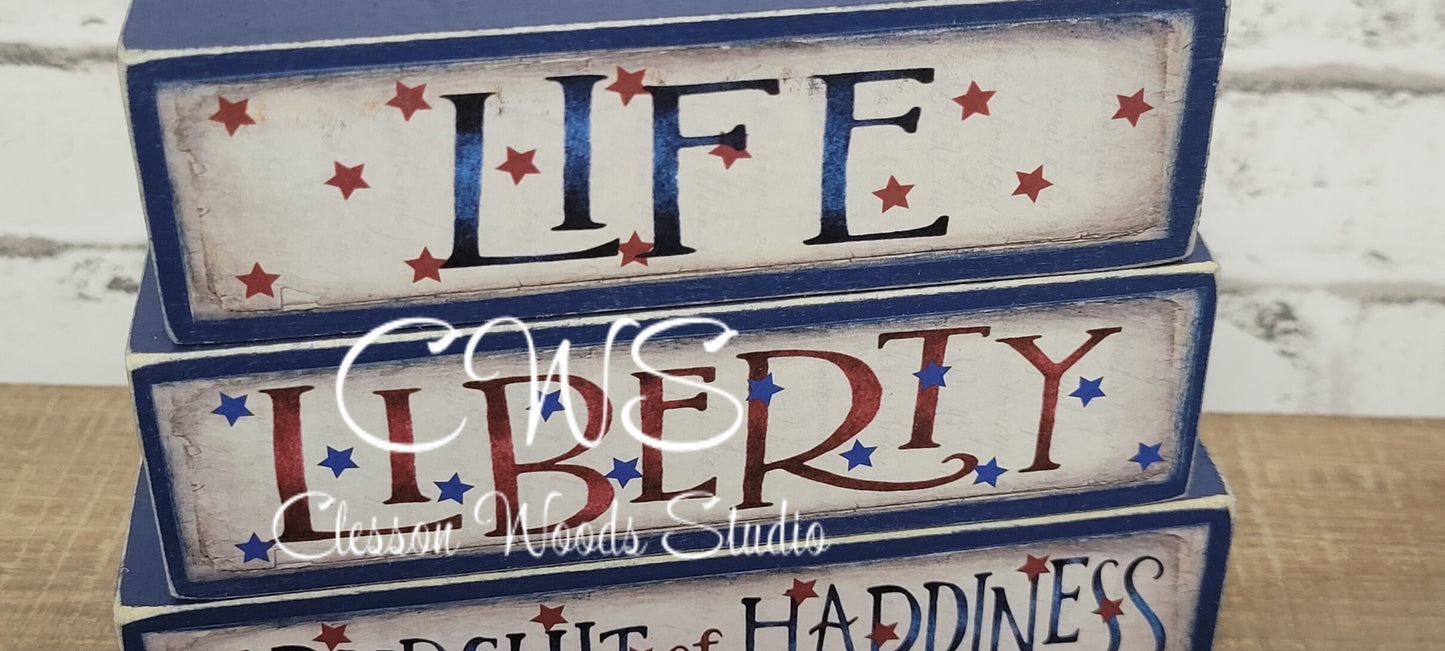Life Liberty and the Pursuit of Happiness Blue Wood Block Stack