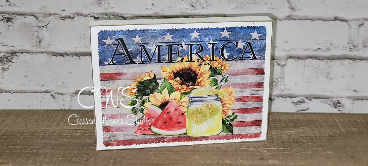 America Watermelon Lemonade Sunflower summer wood sign