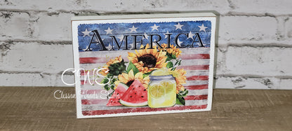 America Watermelon Lemonade Sunflower summer wood sign