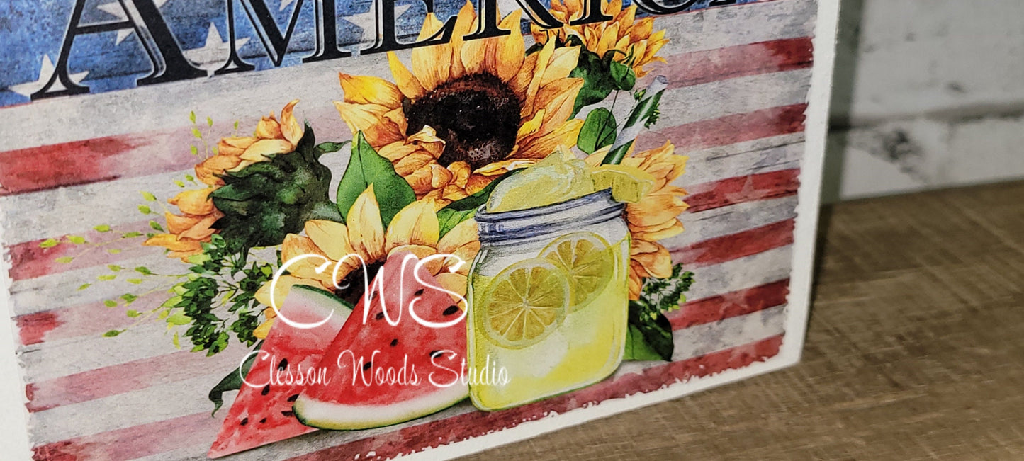 America Watermelon Lemonade Sunflower summer wood sign