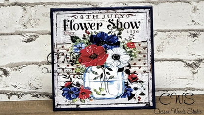 July 4th Flower Show Red White Blue Flowers in Vase 5"x5" Interchangeable Canvas