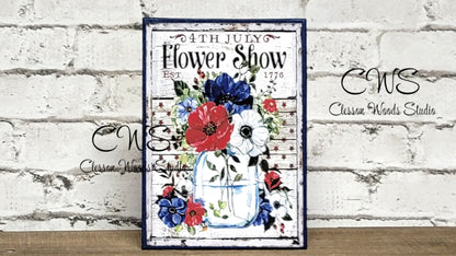 July 4th Flower Show Red White Blue Flowers in Vase 5"x7" Canvas Insert