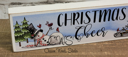 Christmas Cheer Snowman Relaxing With Red Wine Snowman on Sled Wood Sign