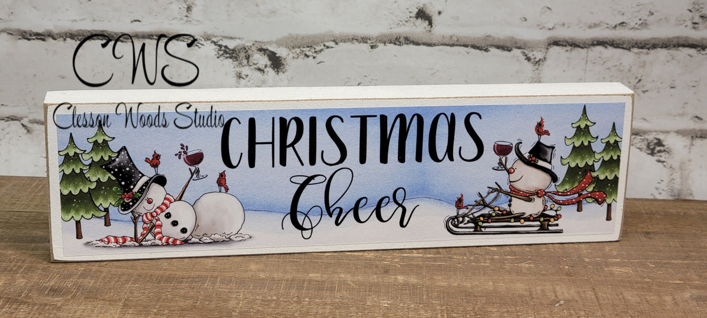 Christmas Cheer Snowman Relaxing With Red Wine Snowman on Sled Wood Sign