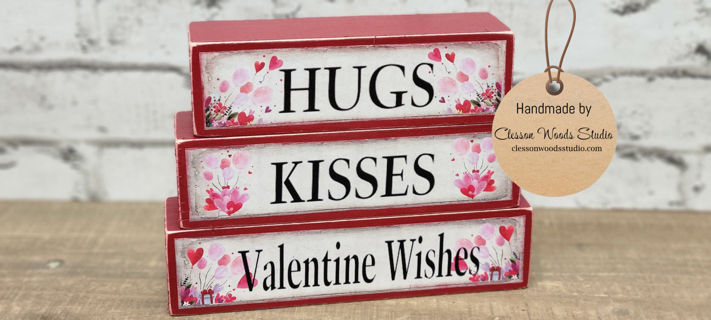 Hugs Kisses Valentine Wishes Red Wood Block Stack
