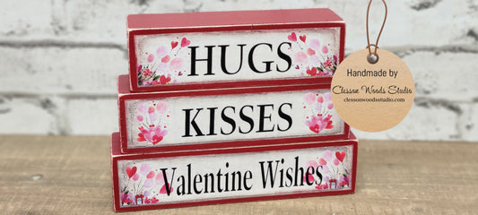 Hugs Kisses Valentine Wishes Red Wood Block Stack