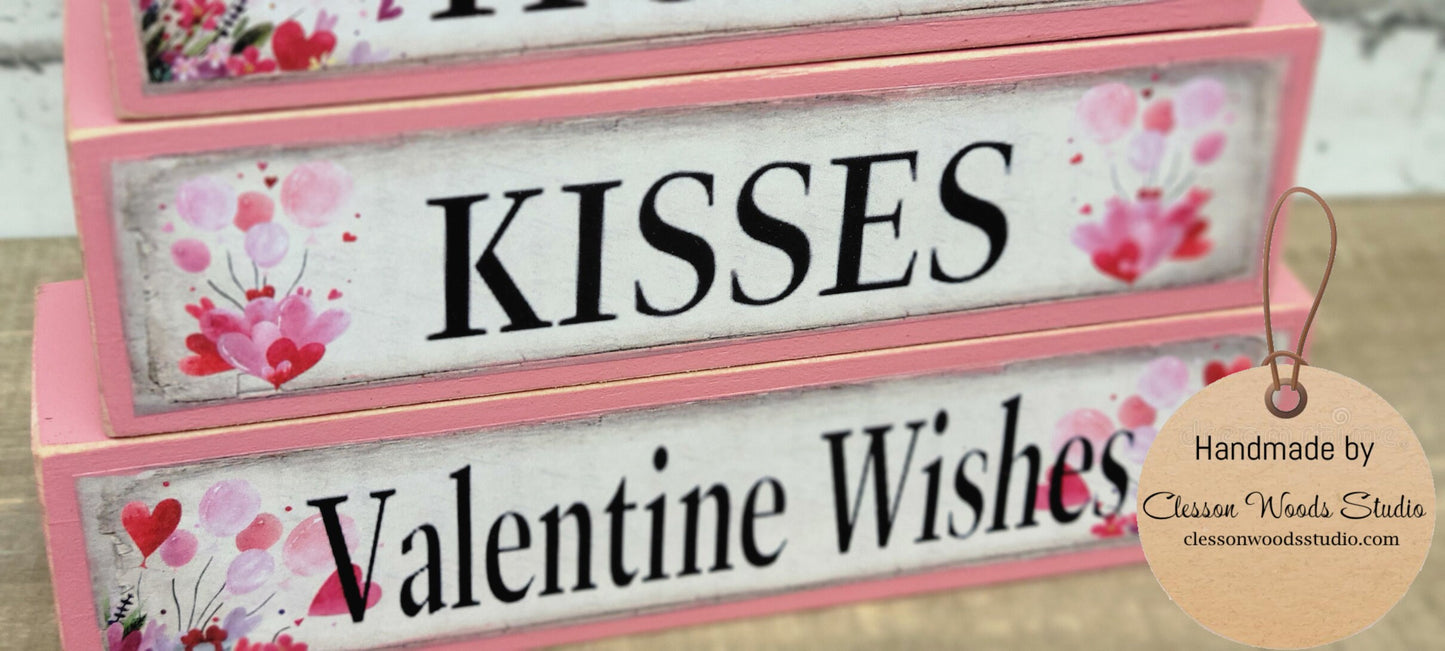 Hugs Kisses Valentine Wishes Pink Wood Block Stack