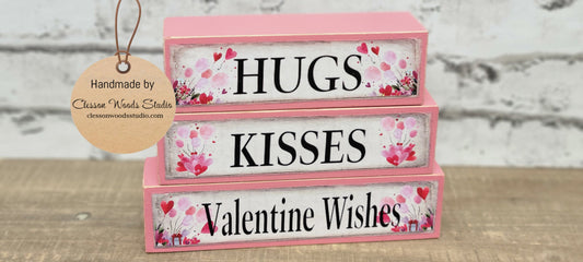 Hugs Kisses Valentine Wishes Pink Wood Block Stack