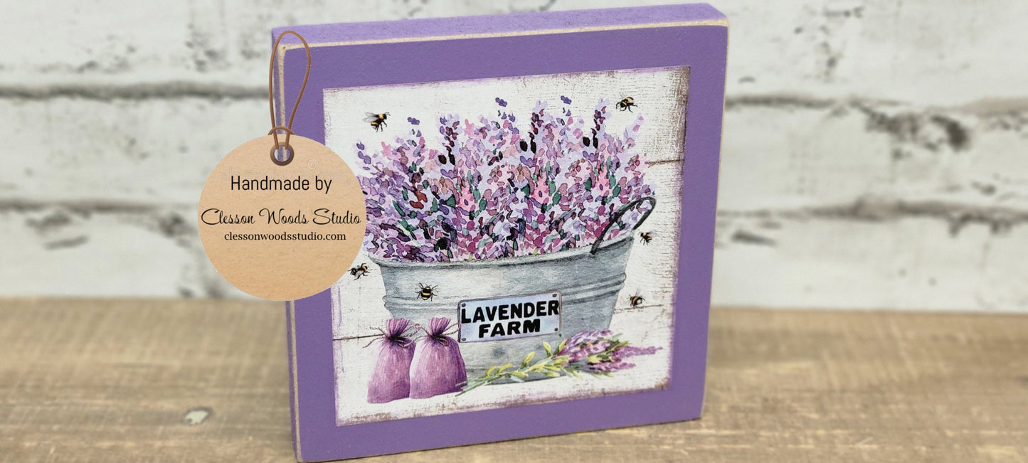 Lavender Farm Metal Bucket Purple Square Wood Sign