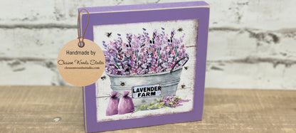 Lavender Farm Metal Bucket Purple Square Wood Sign