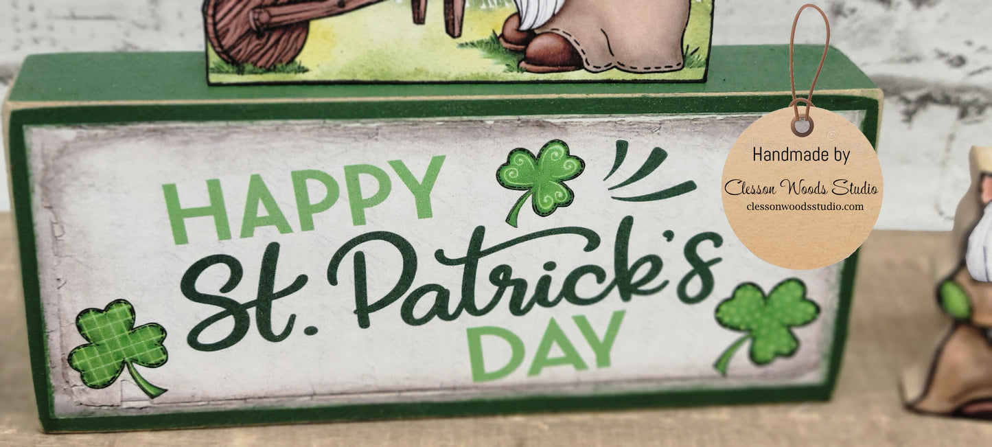 Happy St Patrick's Day Gnome Leprechauns 4 Piece Wood Block Set