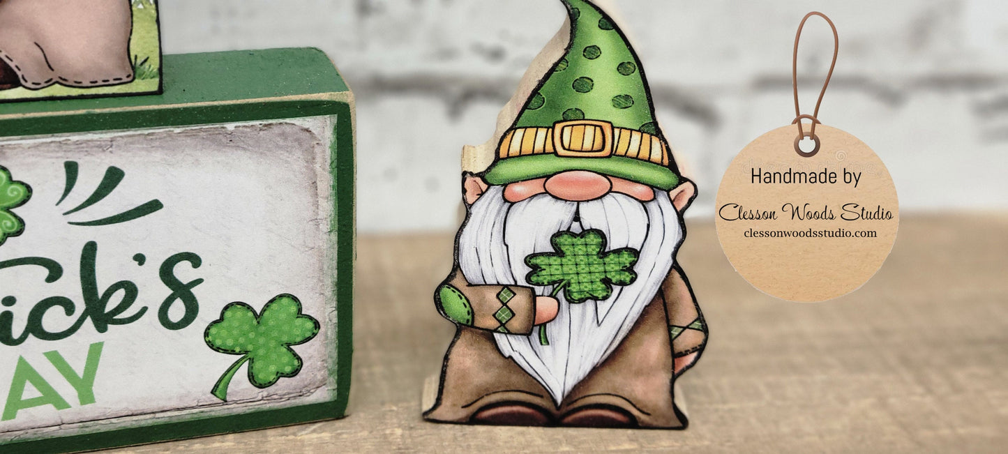 Happy St Patrick's Day Gnome Leprechauns 4 Piece Wood Block Set