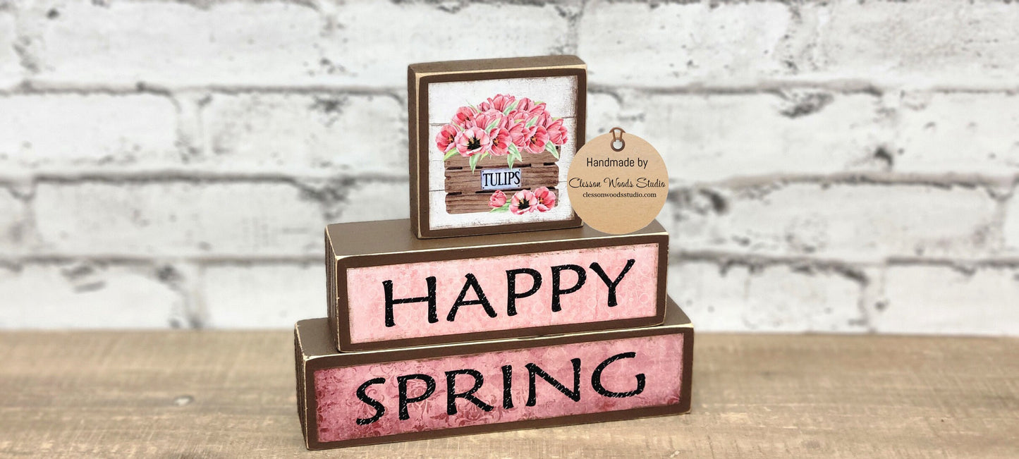 Happy Spring Tulips Basket Block Stack (Brown)