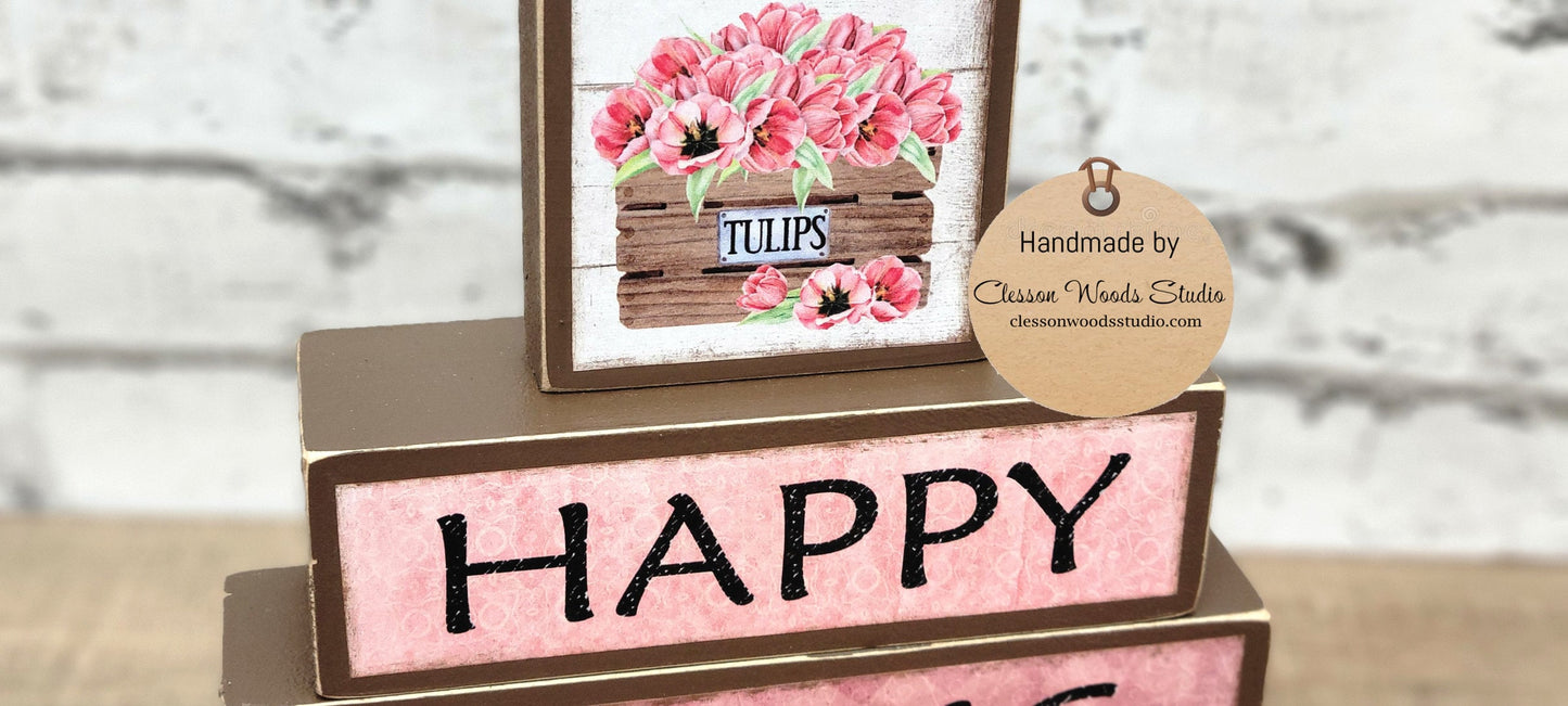 Happy Spring Tulips Basket Block Stack (Brown)