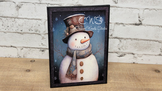 Primitive Snowman Black Frame 5"x7" Canvas Insert