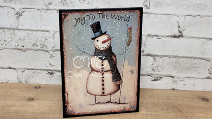 Joy To The World Primitive Snowman 5"x7" Canvas Insert