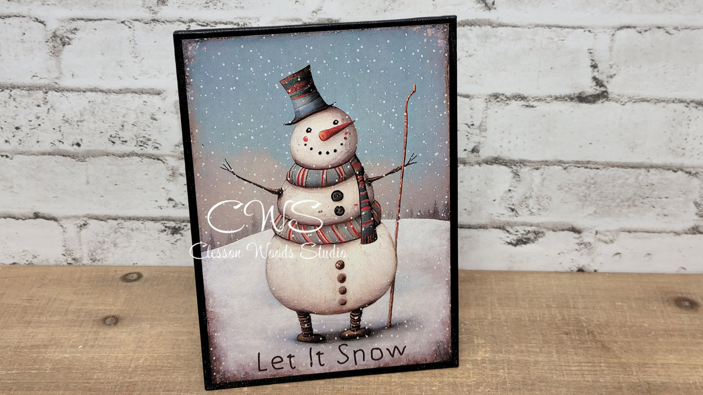 Let It Snow Primitive Snowman 5"x7" Canvas Insert