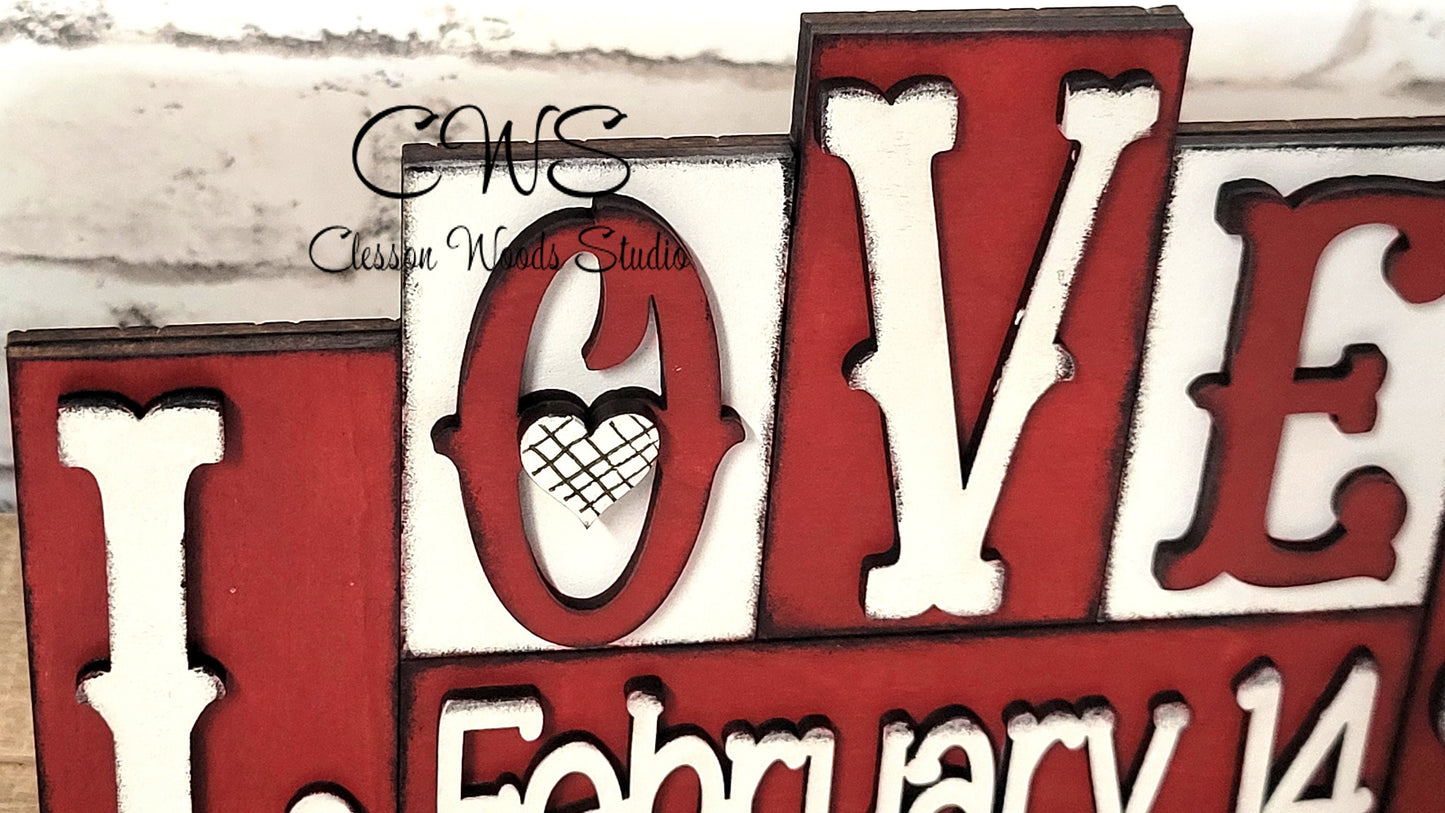 Love February 14 Red and White Word Block Sign