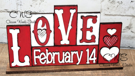 Love February 14 Red and White Word Block Sign