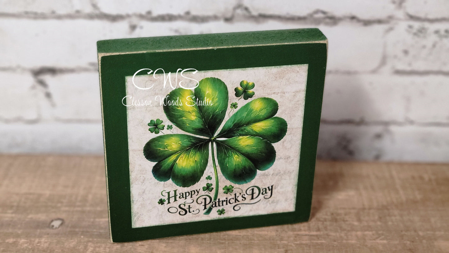 Happy St. Patrick's Day Four Leaf Clover Square Wood Sign