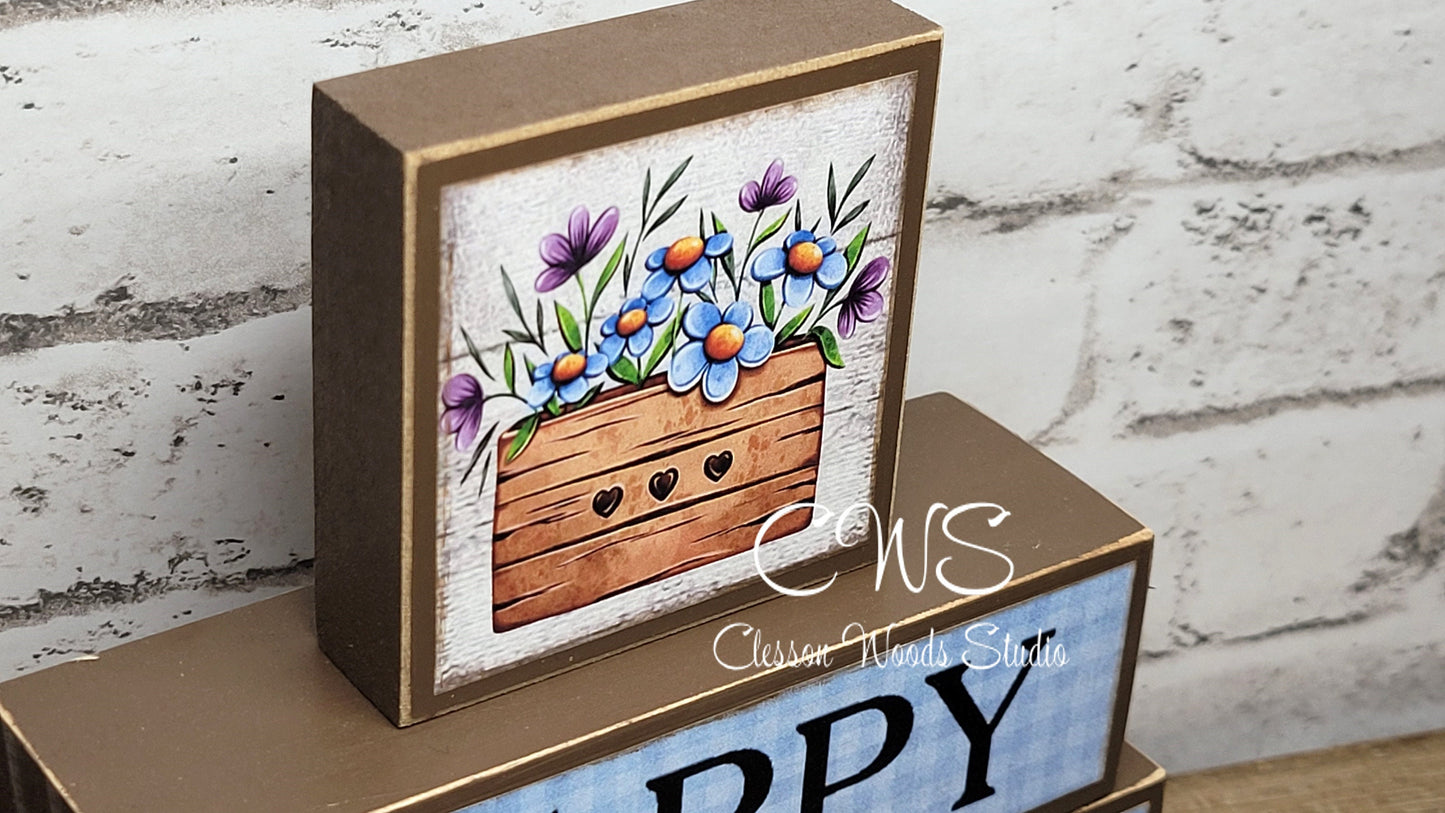 Happy Spring Blue 3 Piece Wood Block Stack