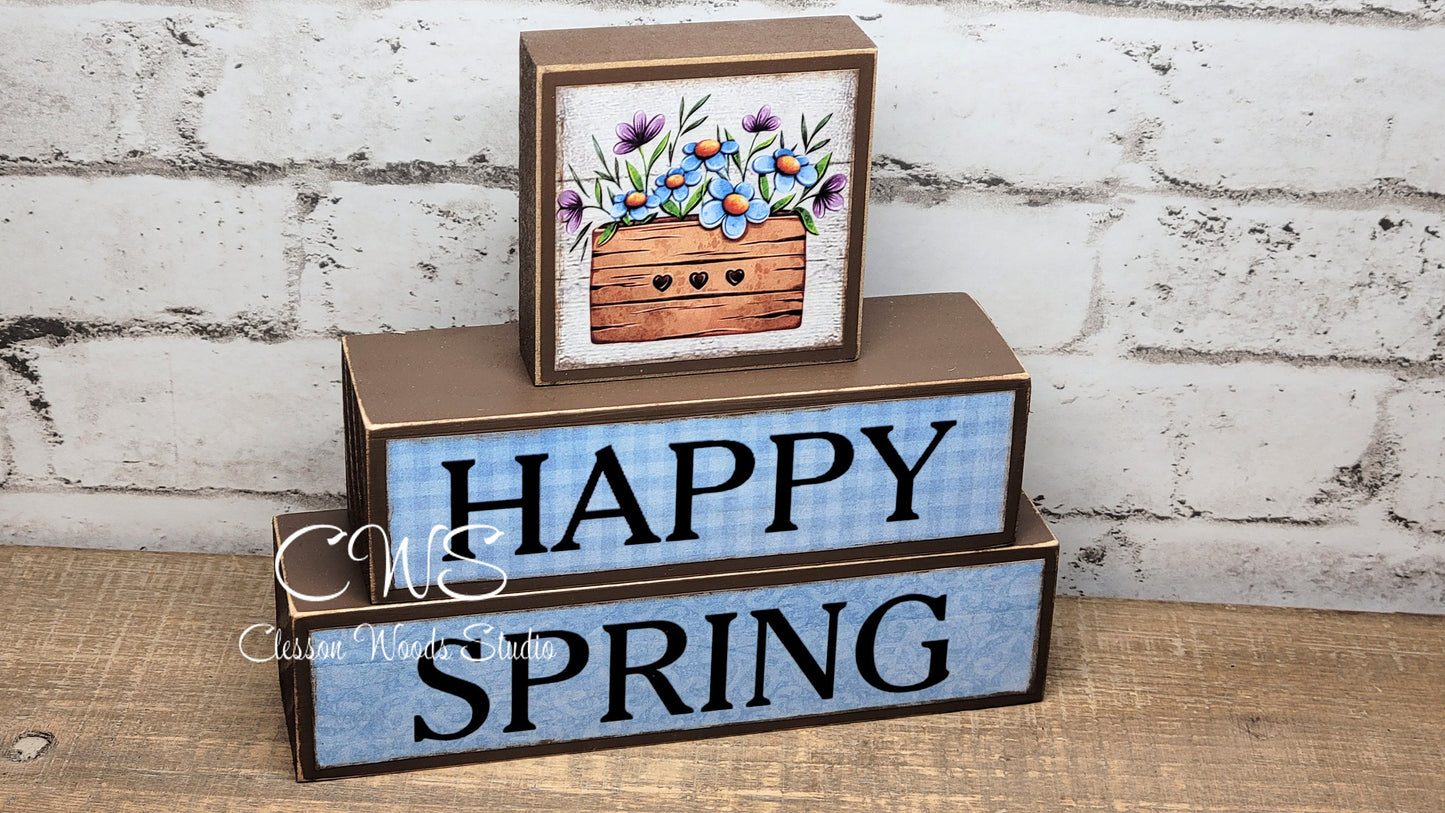 Happy Spring Blue 3 Piece Wood Block Stack