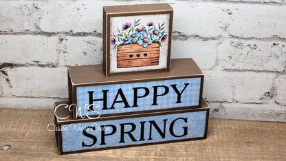 Happy Spring Blue 3 Piece Wood Block Stack