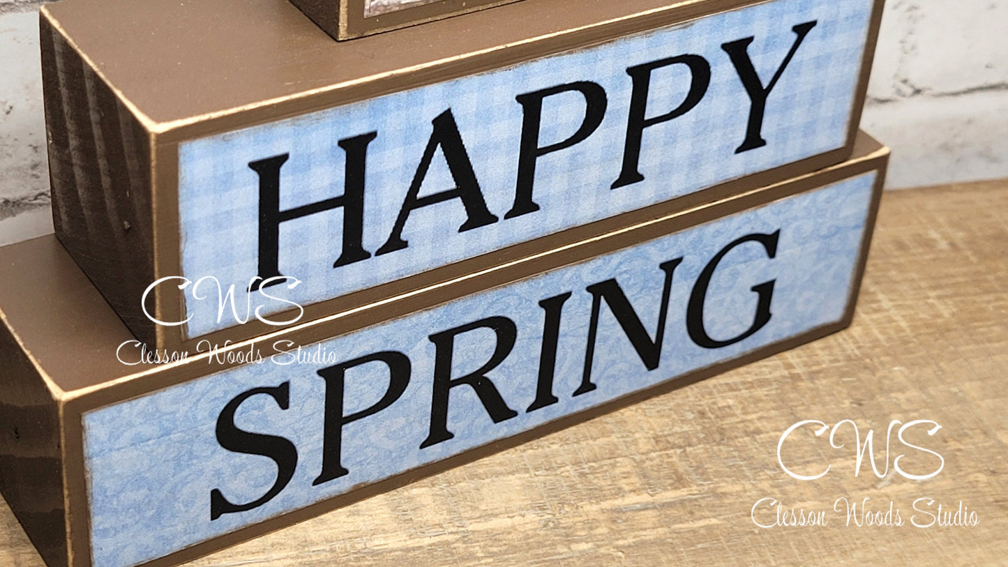 Happy Spring Blue 3 Piece Wood Block Stack