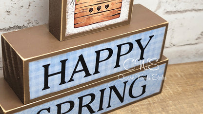 Happy Spring Blue 3 Piece Wood Block Stack