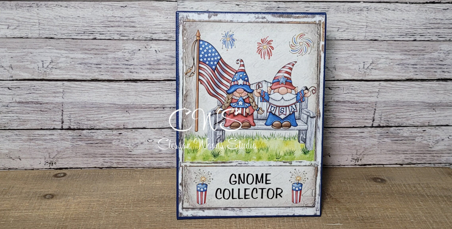 Gnome Collector July Gnomes on Bench (Blue) 5"x7" Canvas Insert