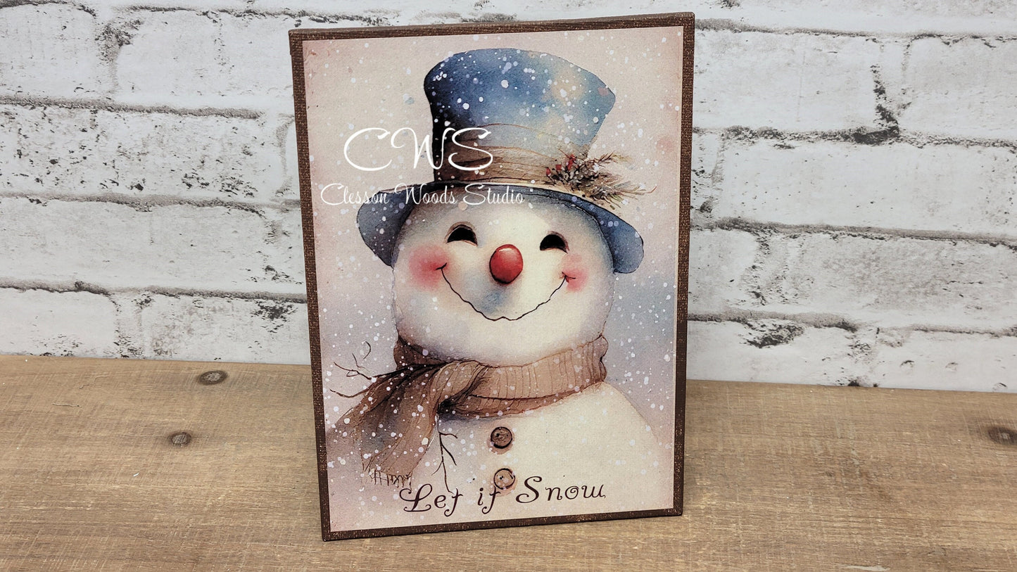 Let It Snow Primitive Snowman Blue Hat 5"x7" Canvas Insert