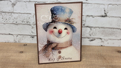 Let It Snow Primitive Snowman Blue Hat 5"x7" Canvas Insert